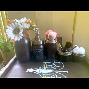 Mason jar bathroom set with large decorative tray.